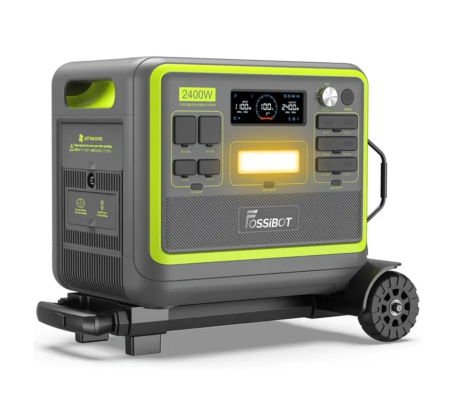 Pachet Generator electric portabil FOSSIBOT F2400 cu carucior pliabil, de 2400W, baterie de 2048Wh cu 640000mAh, cu unda sinusoidala pura