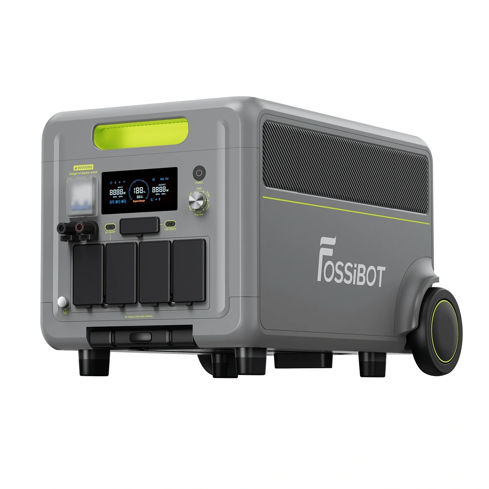 Centrala electrica portabila FOSSIBOT F7200 de 5222.4Wh, capacitate de 7200W iesire, incarcare rapida hibrida de 5200W, <10ms UPS Switchover, baterie EV-Grade LiFePO4 cu 6500+ cicluri, generator solar