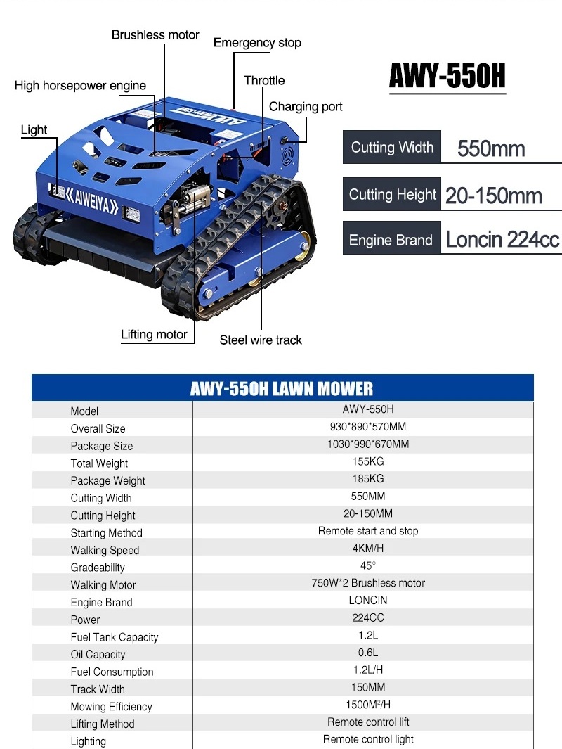 Robot de tuns iarba Mercane AWY550H Hybrid Lawn Mower, motor Loncin, 224CC, Euro 5, in 4 timpi, telecomanda, cu senile, galben - imagine 4